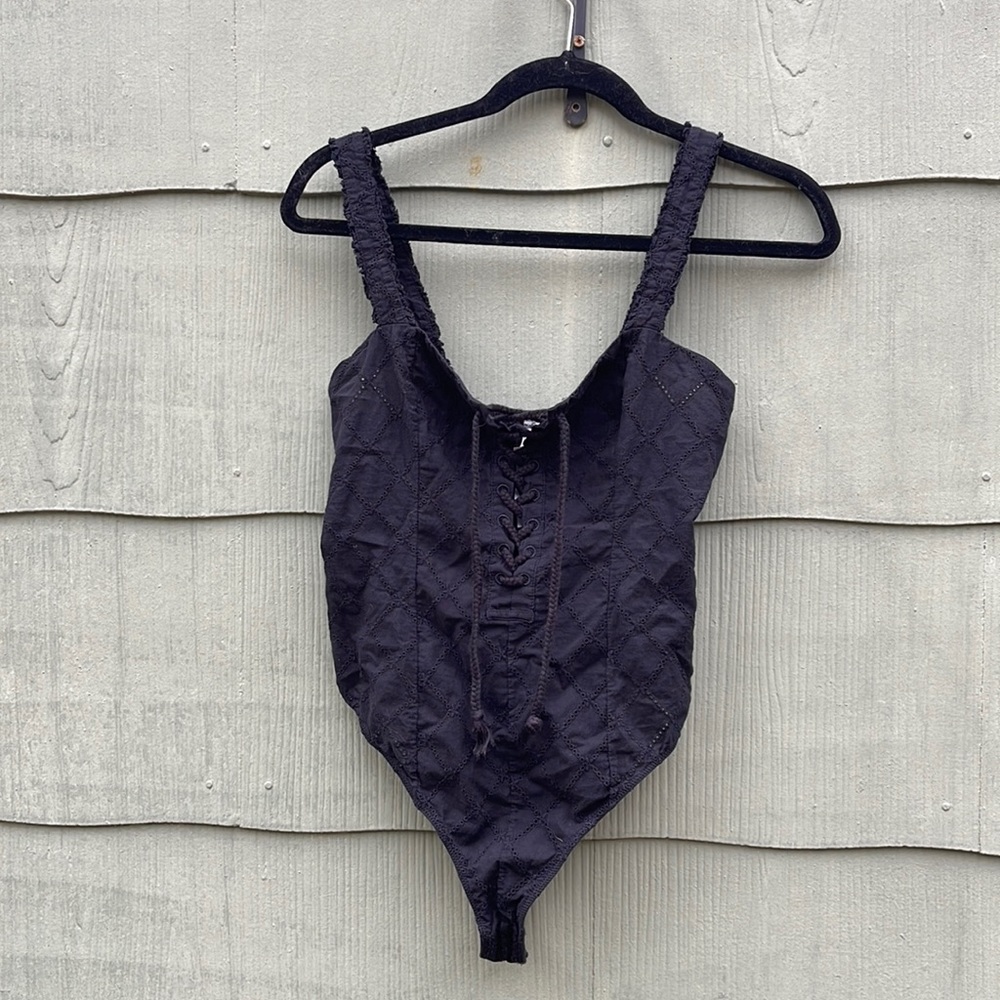 Free People Cotton Eyelet Lace Up Bodysuit Small